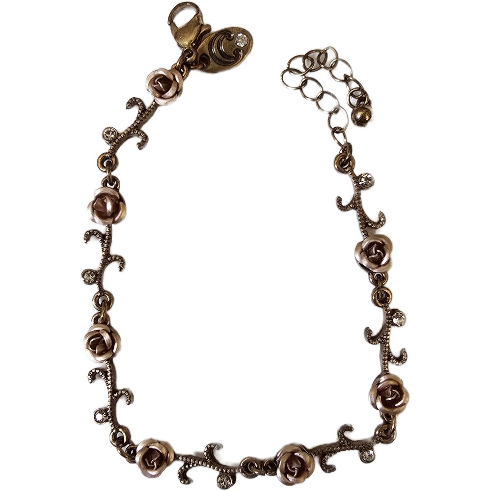 Charmingβ Charlie Antique Brass Rose Vine Rhinestone Bracelet Vintage Adjustable